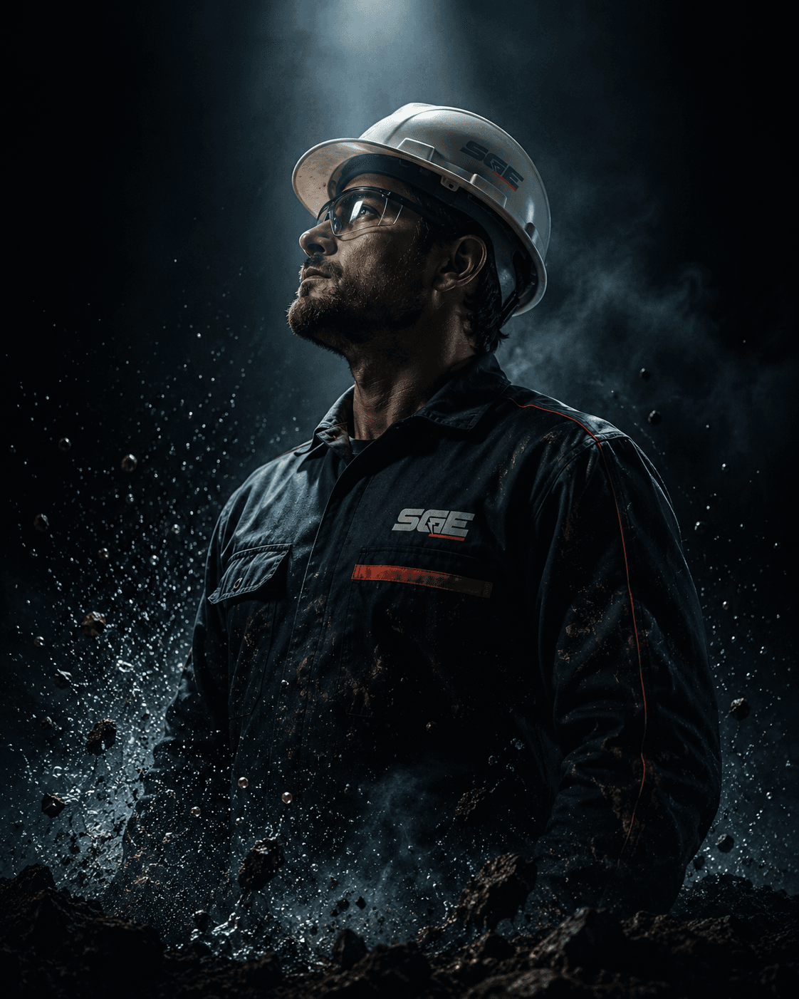 Técnico da SGE com capacete e uniforme da empresa em ambiente industrial escuro