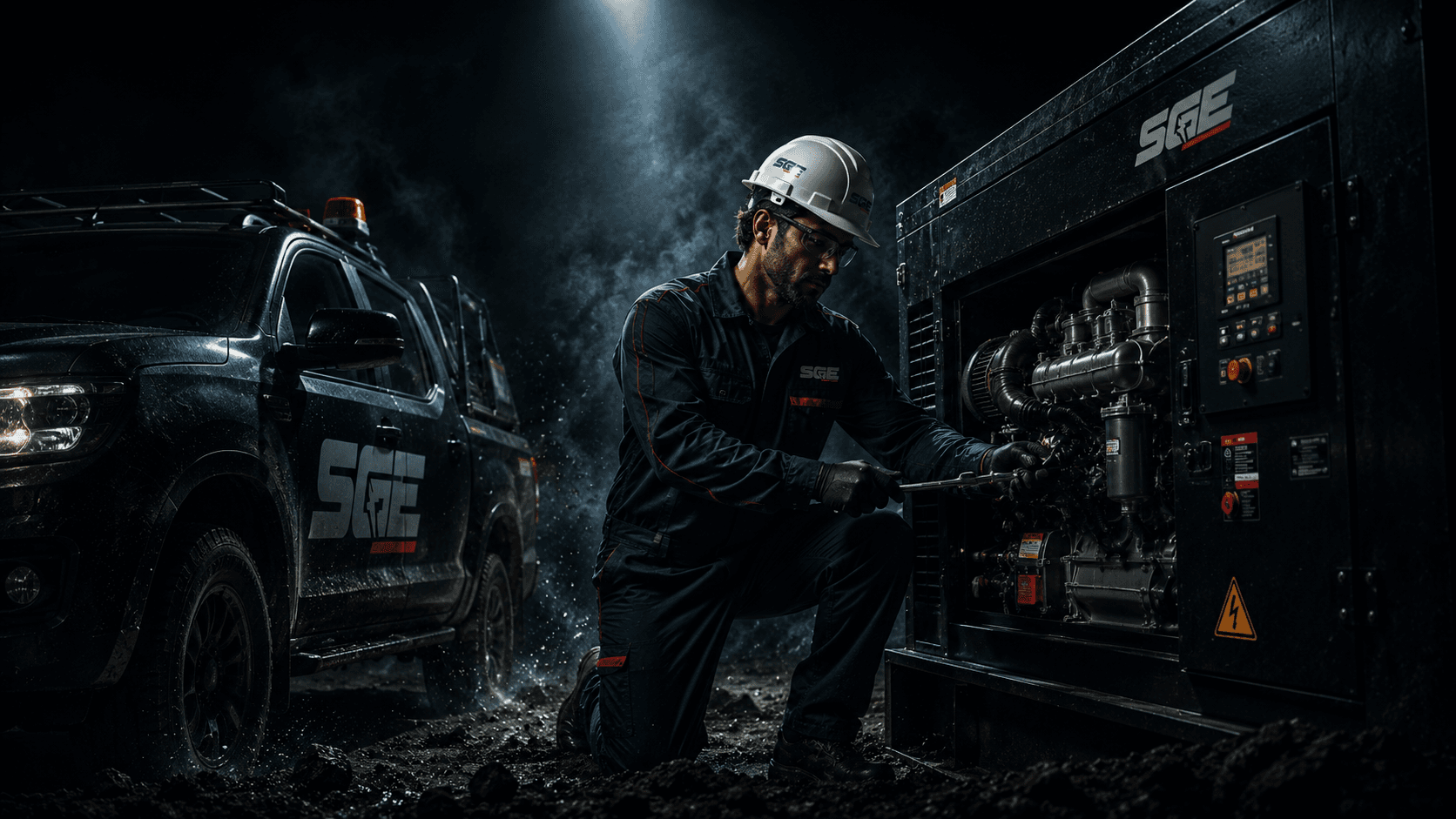 Técnico da SGE em serviço de manutenção de um grupo gerador diesel